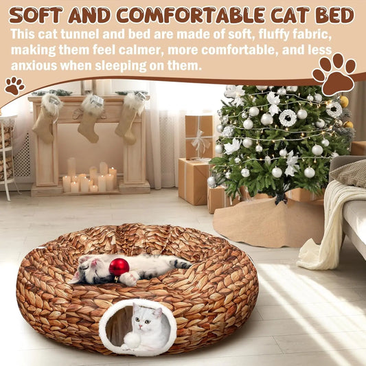 Christmas Cat Tunnel Bed 3FT x 3FT Indoor Donut Tunnel Peekaboo Cave Toy for Kitty Rabbit Ferret