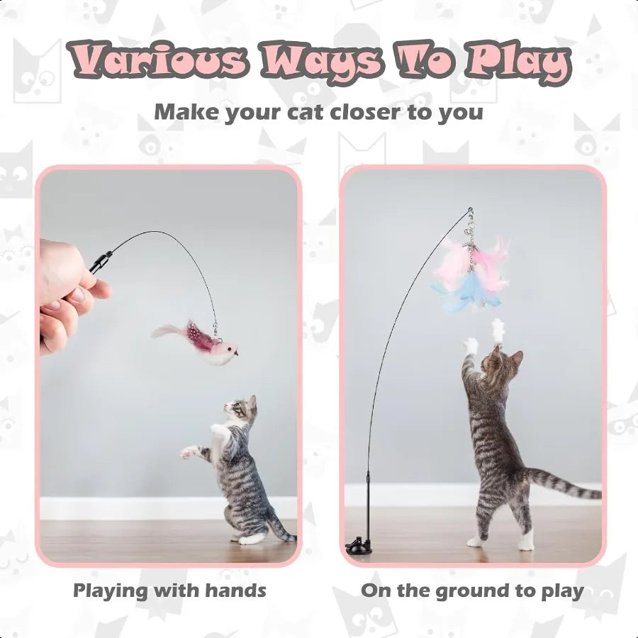 Cat Feather Toys Interactive Cat Toy for Indoor Cats Cat Wand Toys with 2 Suction Cup and 3 Wands 3 in 1 Cat Toys for Bored Cat
