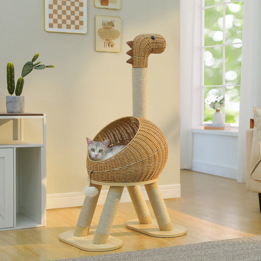Whimsical Dinosaur Cat Tree Solid Tower with Pillow-Soft Plush Cushion,Removable Mat,Scratching Post, Generous Rattan Nest,116cm
