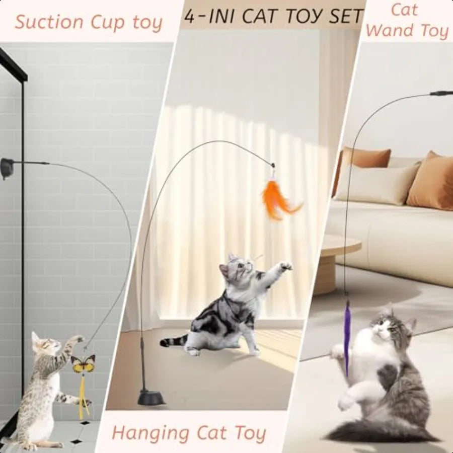 Suction Cup Cat ToysInteractive Cat Wand with 15Pcs Feather Mouse Butterfly Worm Durable Cats Fishing Pole Toy for Indoor Kitte