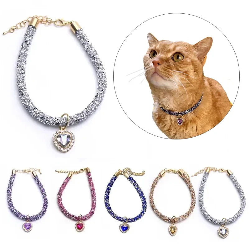 Luxury Reflective Cat Collar | Heart Crystal Rhinestone Pendant Necklace for Cats & Small Dogs (Chihuahua) - Pet Accessories