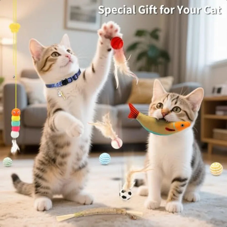 40 Pieces Cat Toys for Indoor Cats Kitty with Interactive Cat Tunnel Scratcher Feather Wand Plush Ball Toy Cat Collar Catnip To