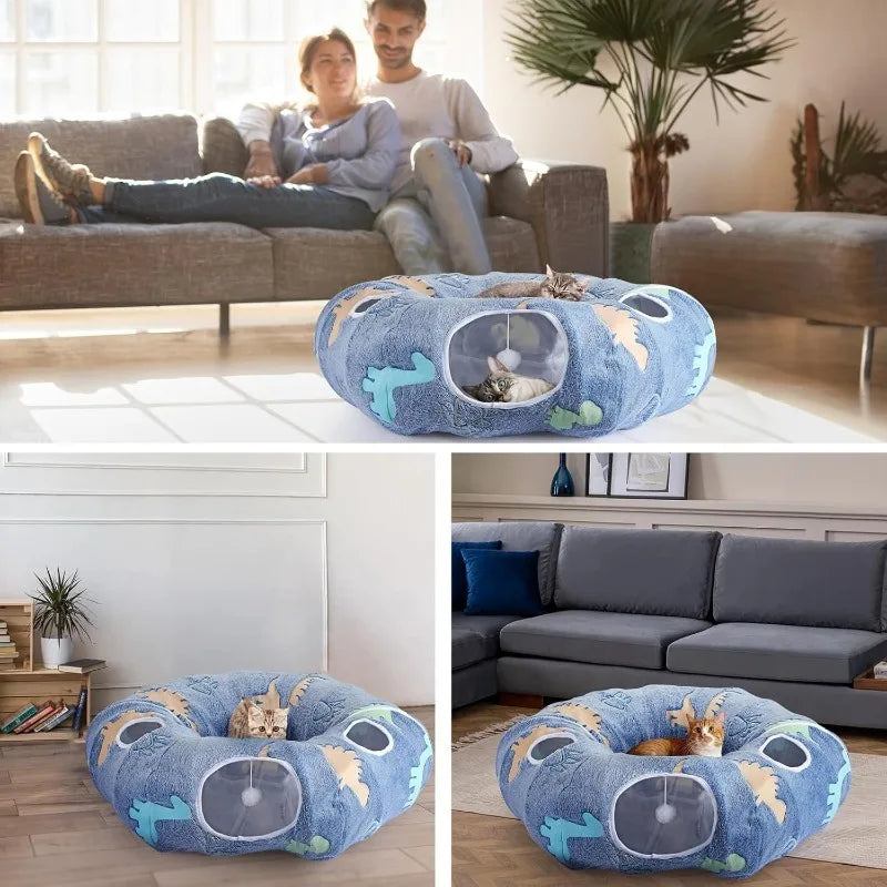 Cat Tunnels Interactive Play System - Foldable & Washable with Peekaboo Cave & Plush Bed, 4 Entry Adventure Zone for Cats & Pets