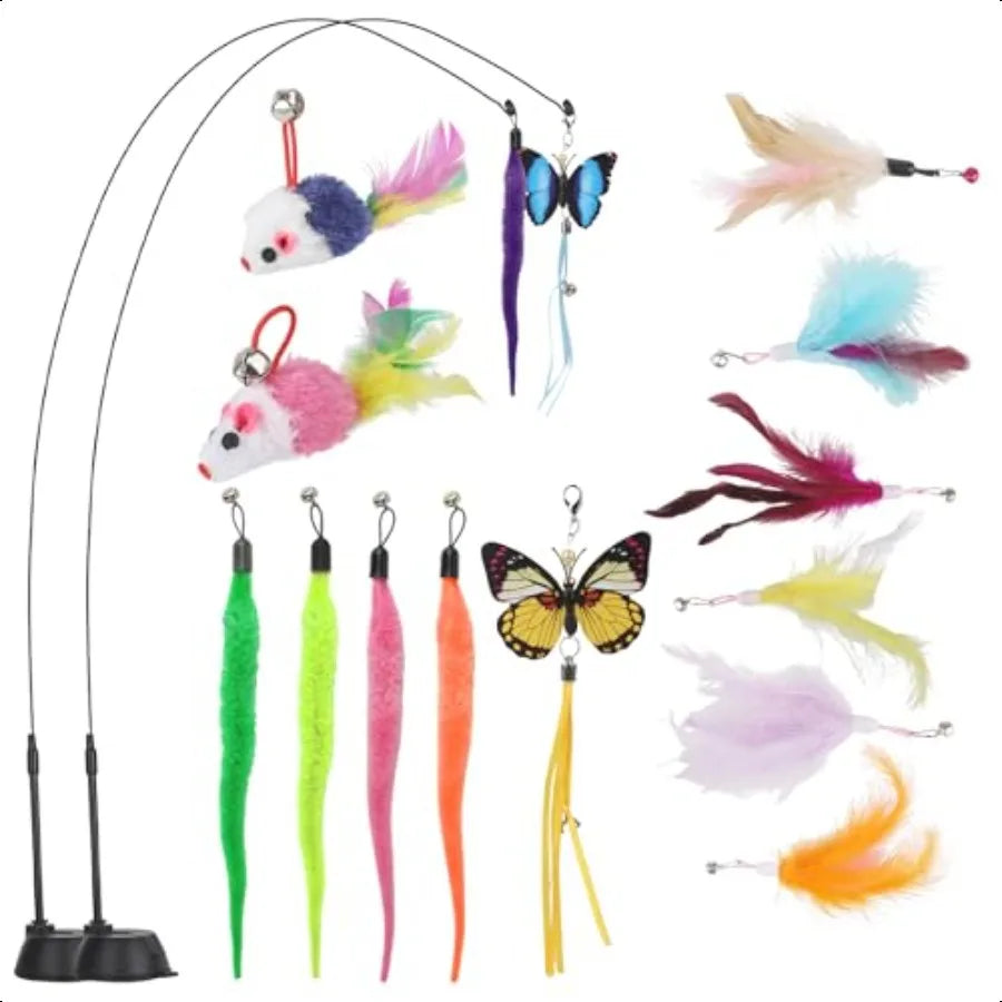 Suction Cup Cat ToysInteractive Cat Wand with 15Pcs Feather Mouse Butterfly Worm Durable Cats Fishing Pole Toy for Indoor Kitte