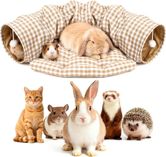 Bunny Tunnel Bed, 2-in-1 Collapsible Tunnel Toy for Rabbits, Cats, Ferrets, Guinea Pigs with Removable Mat