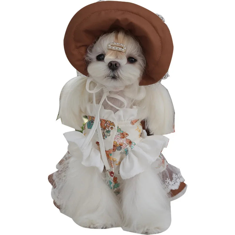 Pet Lace Dress Pet Maid Dress Cute Dog Hat Set Pet Coat Small Coat Puppy Clothes Dog Clothes for Small Dogs Autumn and Winter