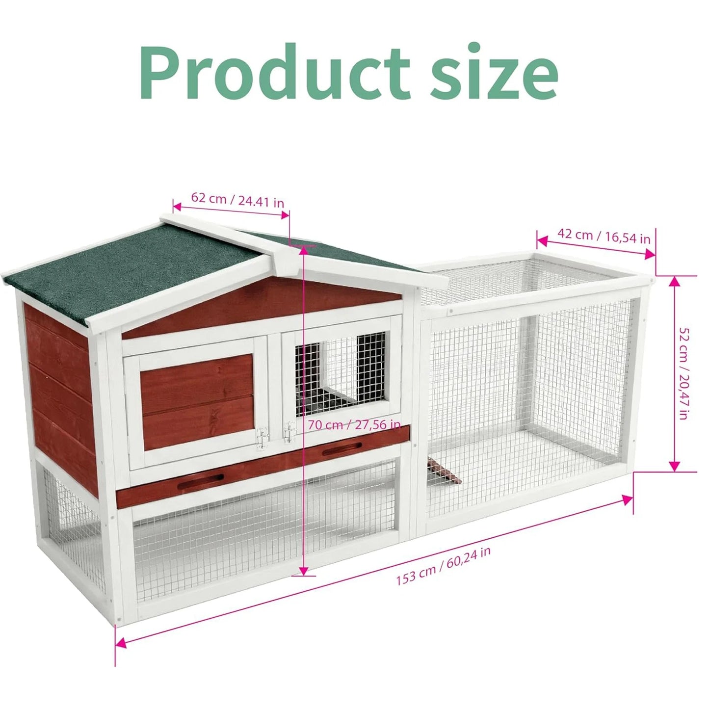 60" L Large Rabbit Hutch Outdoor 2-Tier Wooden Bunny Cage with Non-Slip Ramp, Large Playpen Pull-Out Tray for Rabbits Chickens