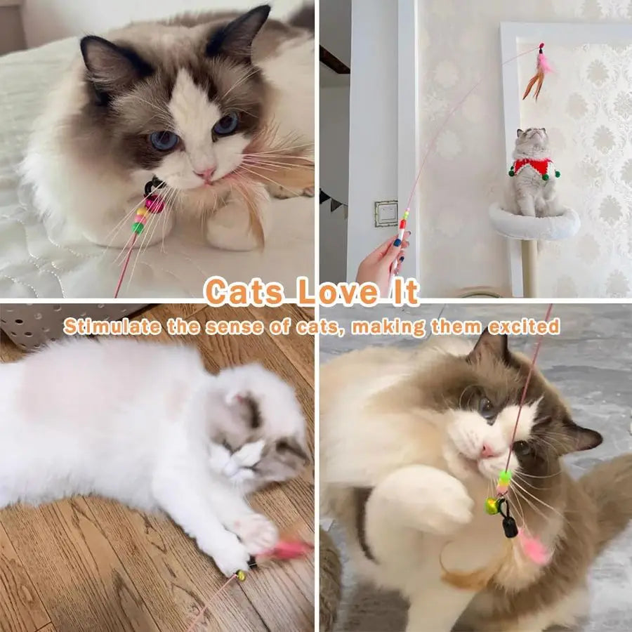 Pack Cat Feather Toy Wand, Interactive Pet Kitten Chaser Teaser Wire Wand with Bell Beads for Cat Exercise Play Fun Gifts Whole