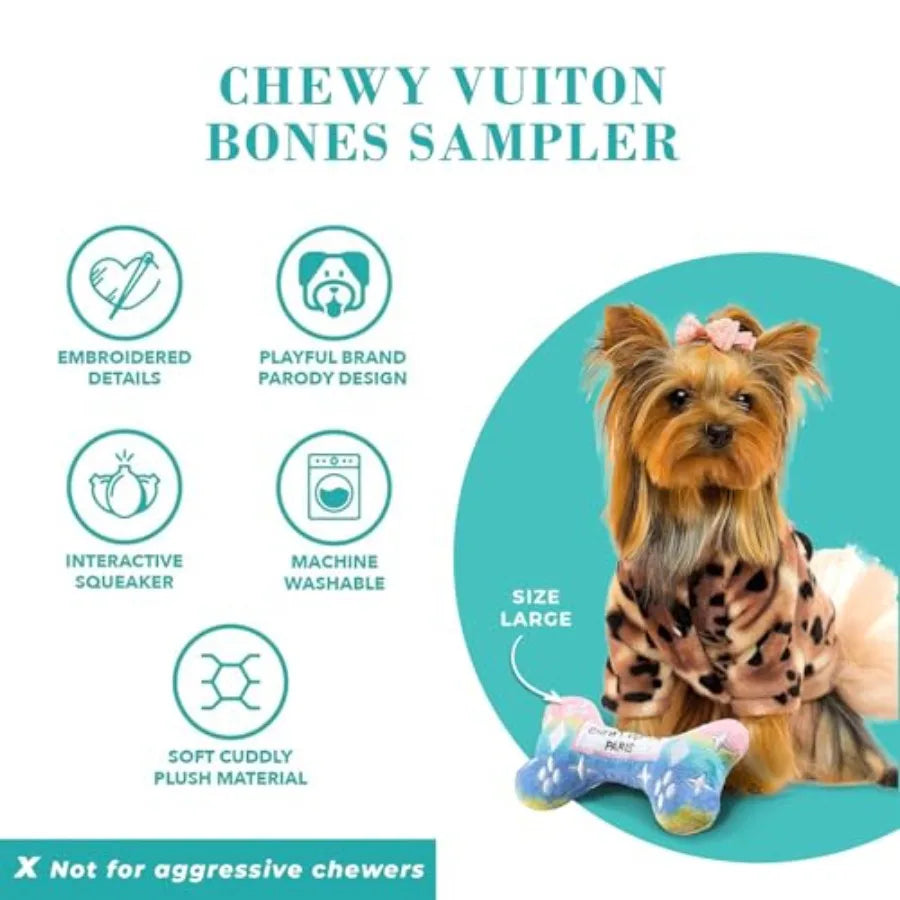 Medium Chewy Vuiton Bones Plush Dog Toys for Small Medium and Large Dogs 4-Pack Durable Stuffed Designer-Inspired Pet Toys with
