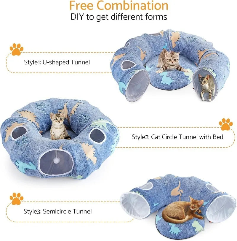 Cat Tunnels Interactive Play System - Foldable & Washable with Peekaboo Cave & Plush Bed, 4 Entry Adventure Zone for Cats & Pets