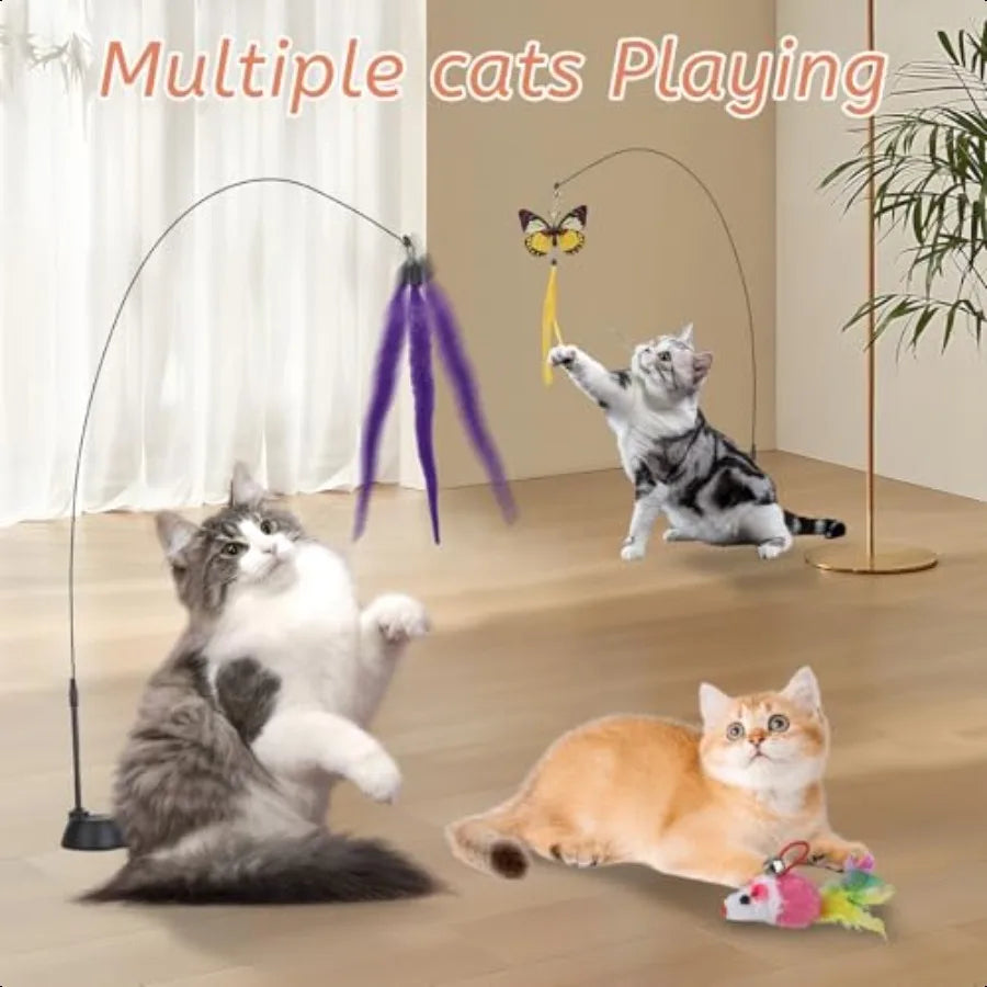 Suction Cup Cat ToysInteractive Cat Wand with 15Pcs Feather Mouse Butterfly Worm Durable Cats Fishing Pole Toy for Indoor Kitte