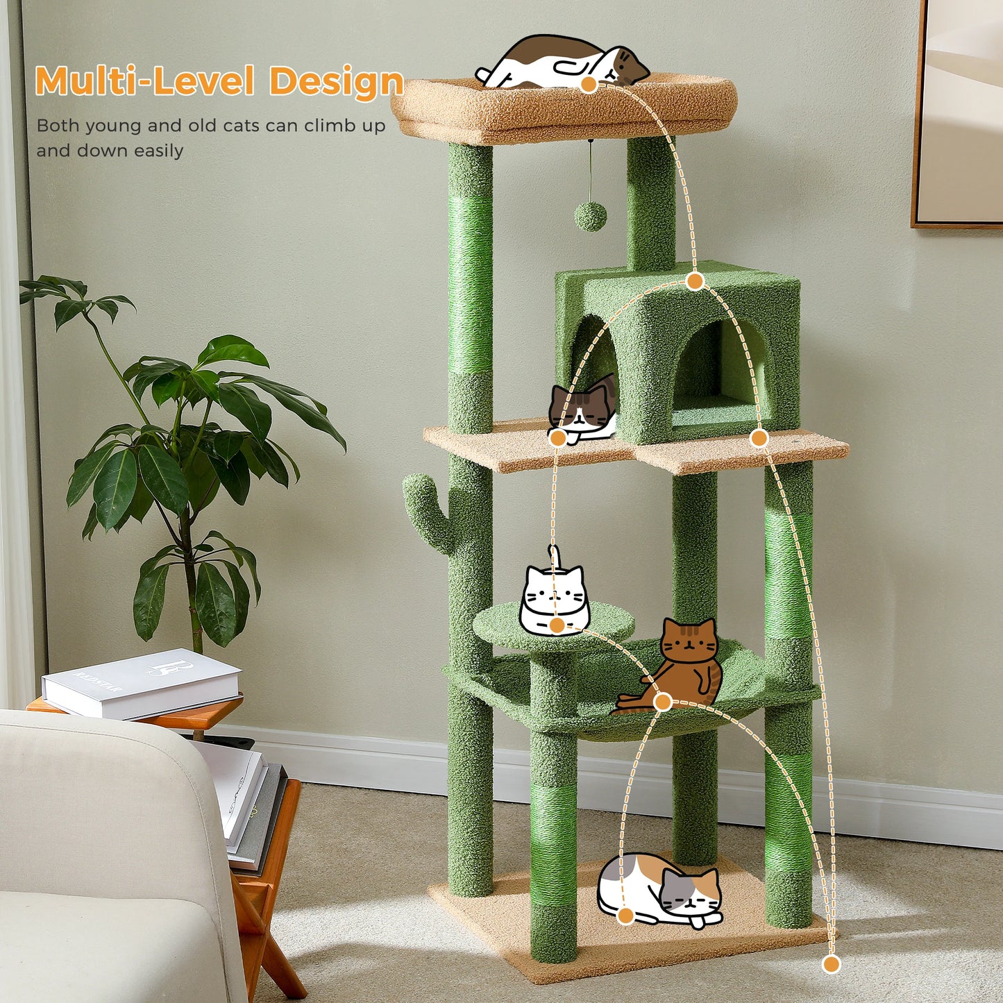 Cat Tree for Indoor Cats Multi-Level Cat Tower with Large Hammock Sisal Covered Scratching Posts Cozy Condo and Top Perch Pink