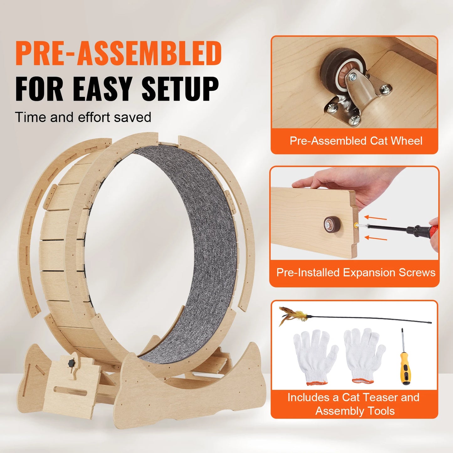SucceBuy Wooden Cat Exercise Wheel Large Cat Treadmill Wheel for Indoor Cat Running Wheel With Detachable Carpet& Cat Teaser