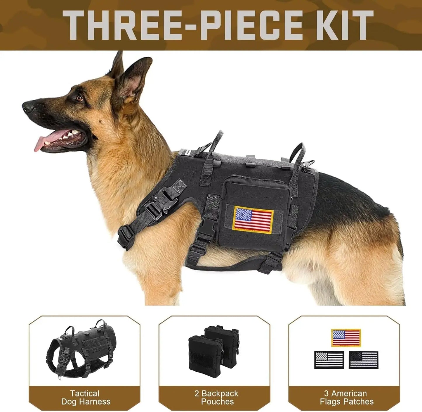 Medium Tactical Dog Harness with Handle, No-Pull Military Vest Adjustable Chest 19.5-41.5 Inches, Black