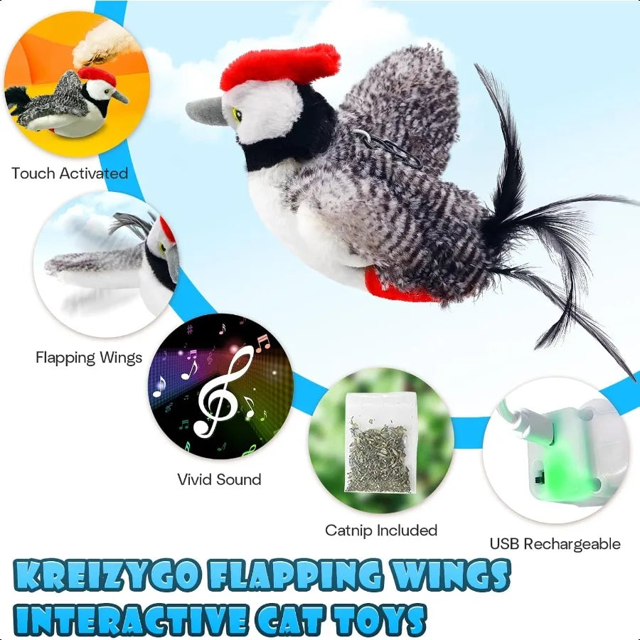 Cat Toys Flapping Wings Woodpecker No Flying Chirping Bird Interactive Catnip Toy for Kitten or Small Dogs Touch Activated Rech