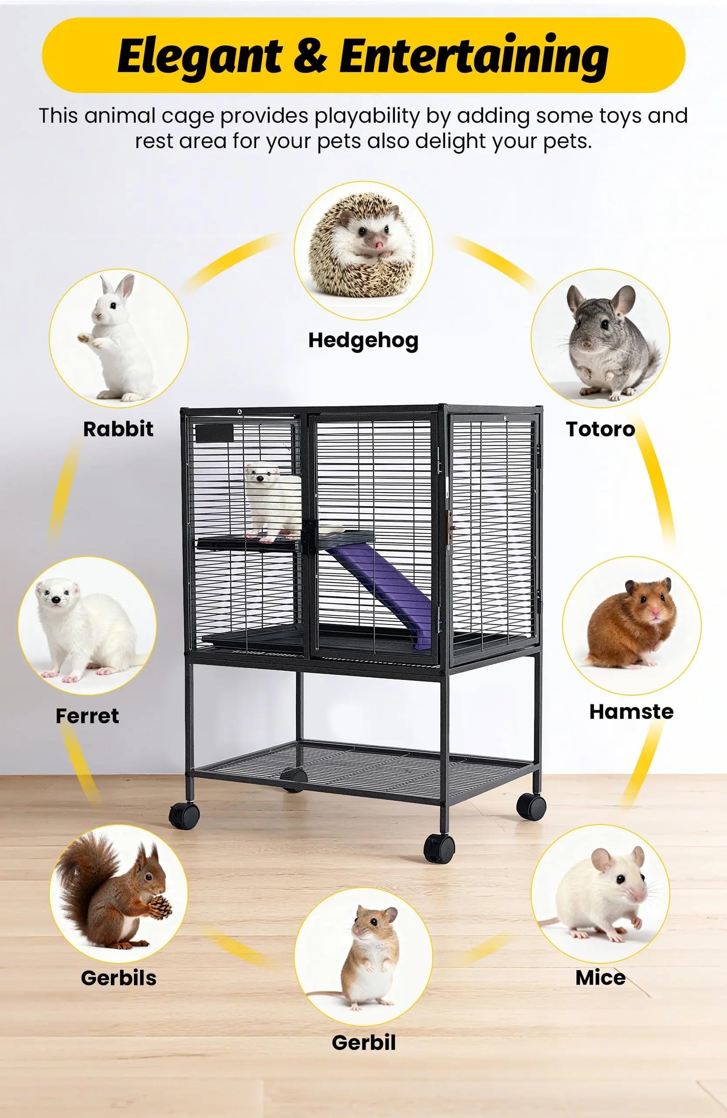 Multi-Level Metal Small Animal Cage Large Ferret Cage with Ramp Removable Tray & Storage Stand For Rabbit Guinea Pig Hedgehog
