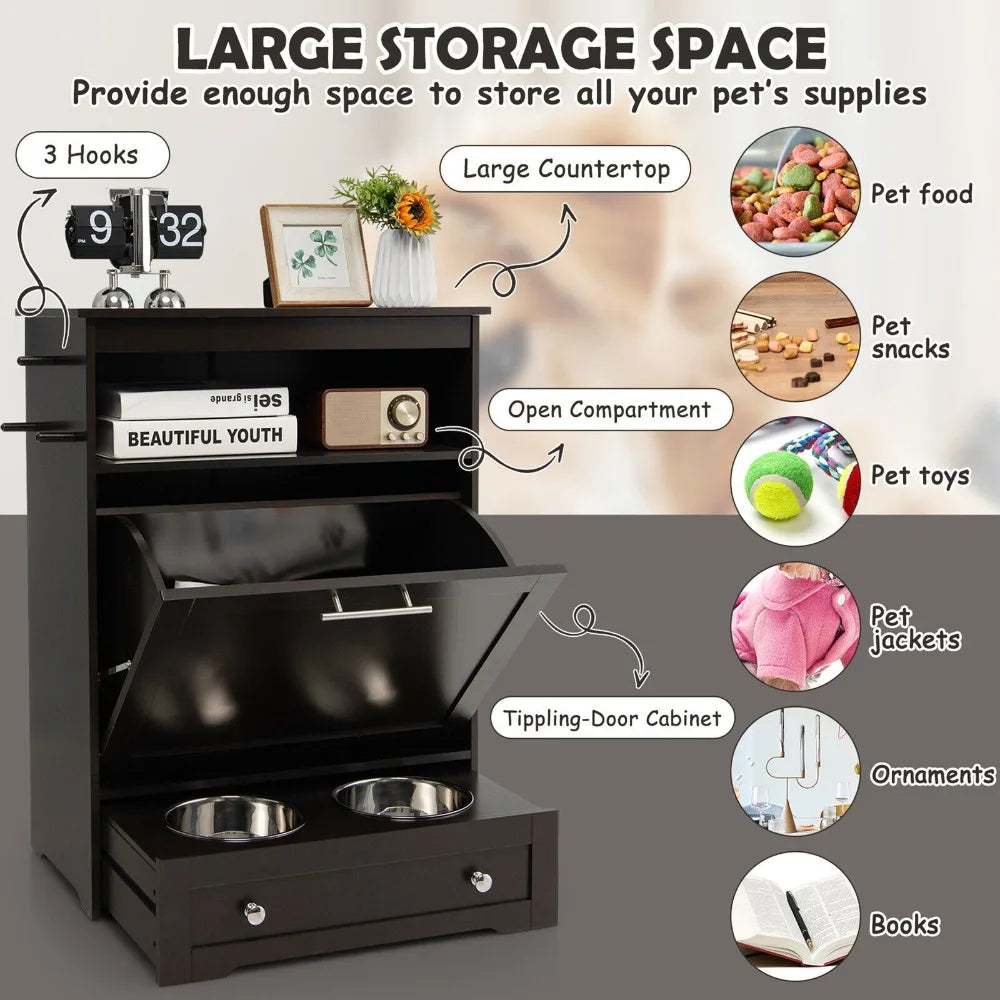 Pet Feeding Station Furniture w/ Double Pull Out Dog Bowl Food Cabinet Coffee