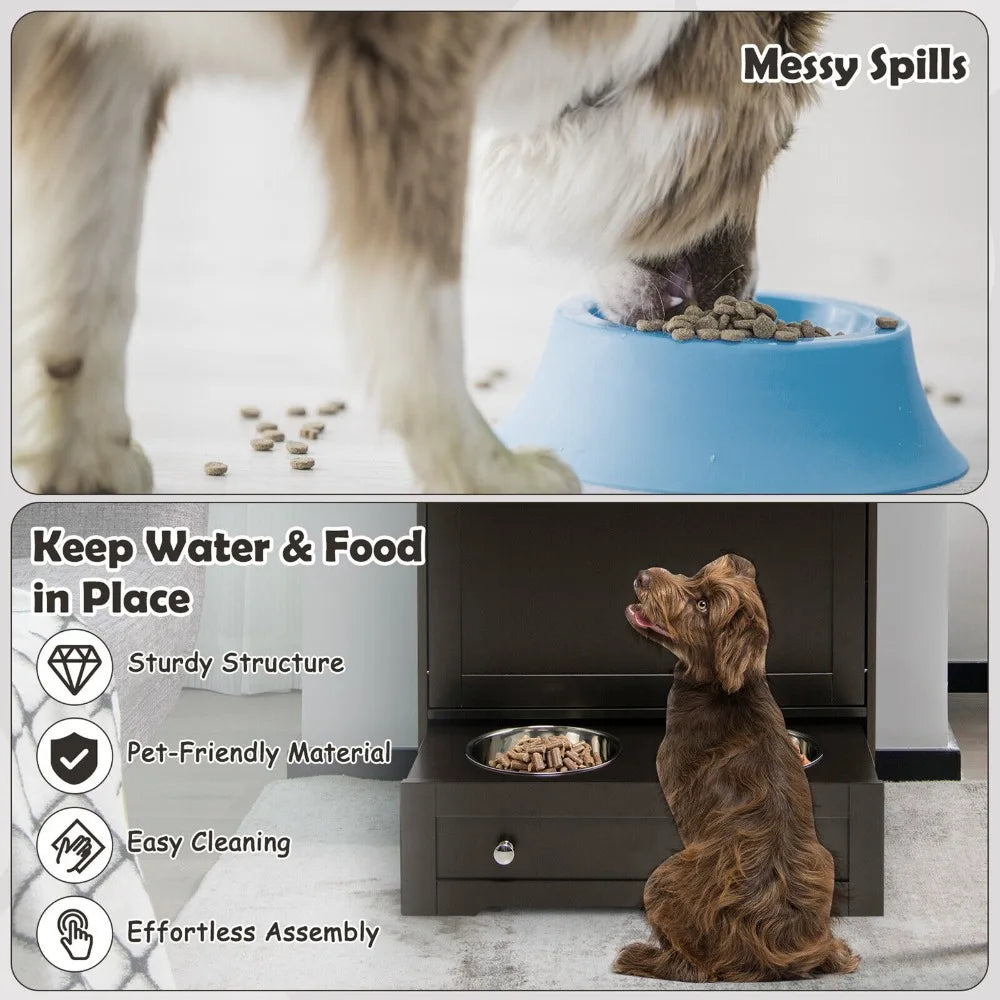 Pet Feeding Station Furniture w/ Double Pull Out Dog Bowl Food Cabinet Coffee