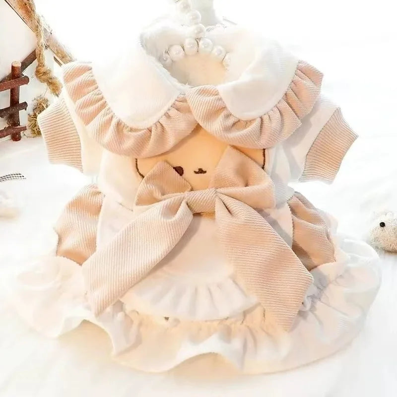 Fleece Lined Thickened Lace Princess Dress For Cats Winter Clothes With Bow Knot Design Cotton Jacket Warm Cat Clothing