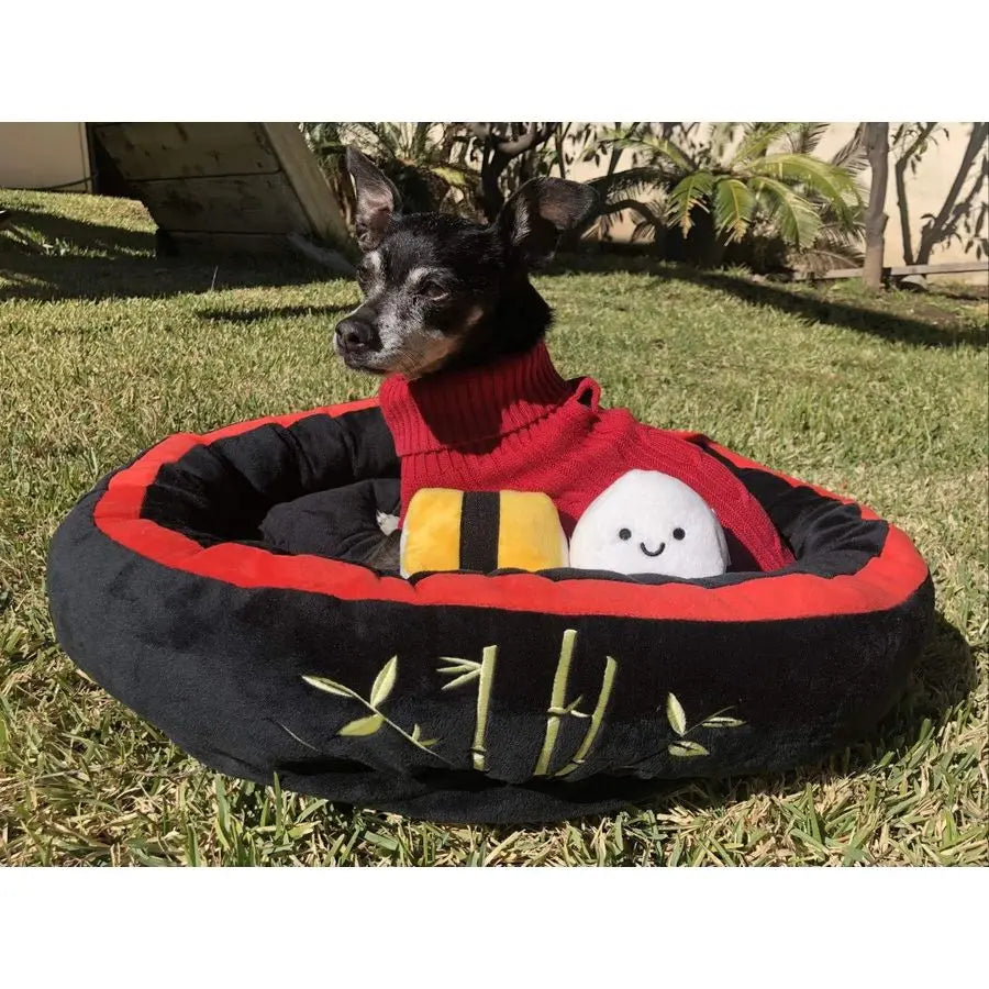 Soft Plush Small Cute and Cozy Sushi Dog Cat Bed with Two Sushi Crinkle Toys, Washer and Dryer Friendly, Black