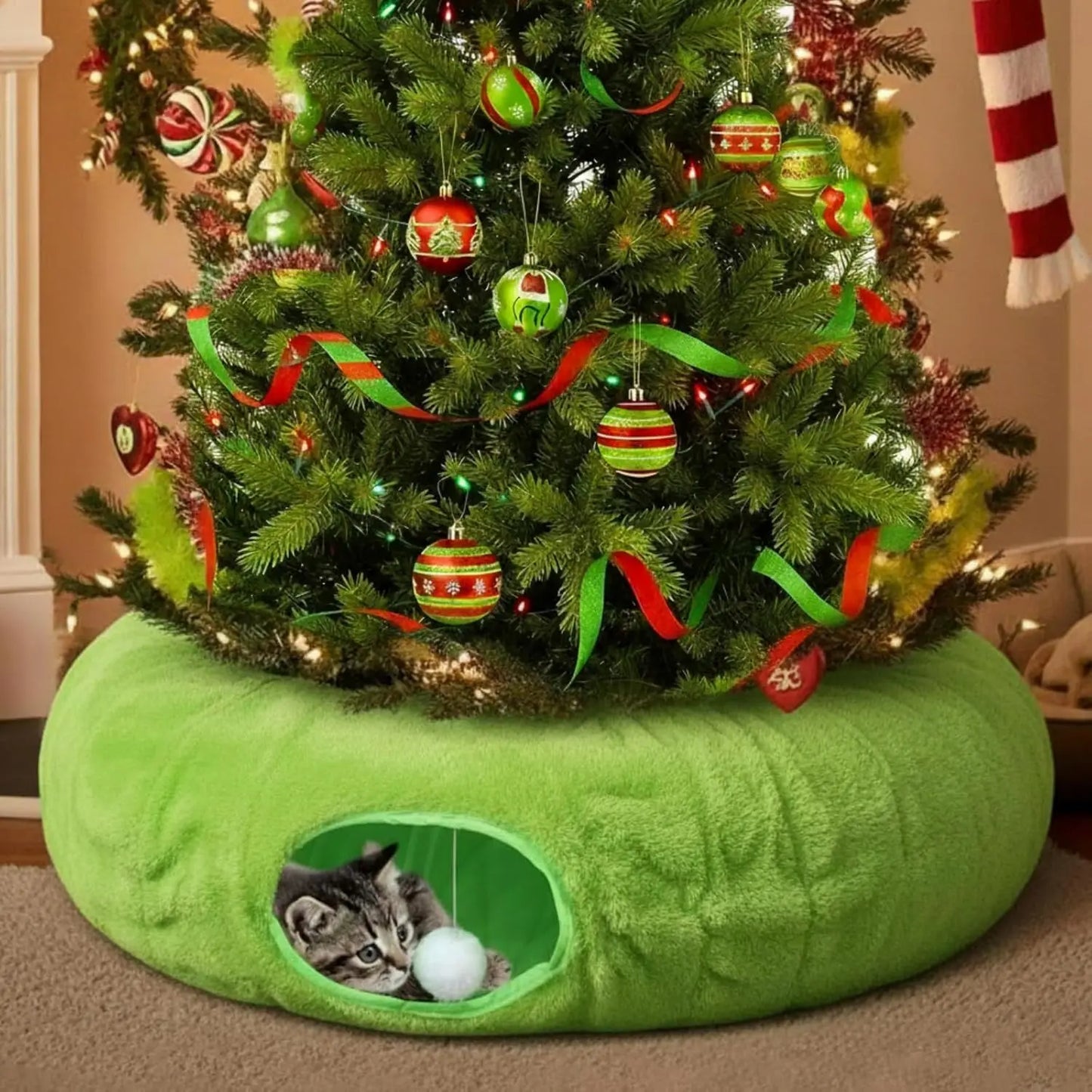 Christmas Cat Tunnel Bed 3FT x 3FT Indoor Donut Tunnel Peekaboo Cave Toy for Kitty Rabbit Ferret