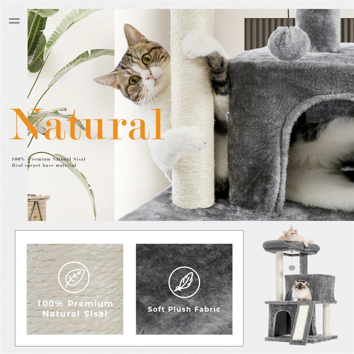 Cat Tree Multilevel Cat Tower with Double Condos, Spacious Perch, Fully Wrapped Scratching Sisal Post and Replaceable Balls