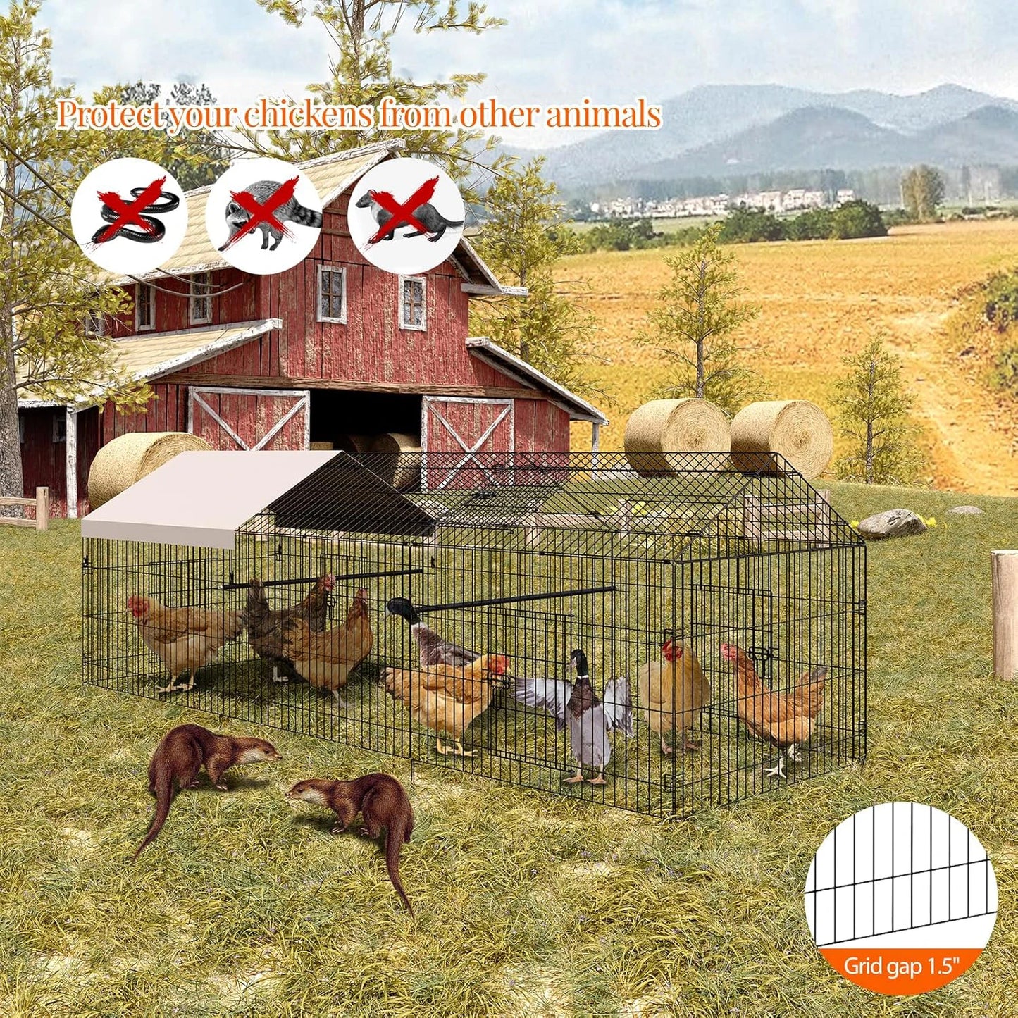 Large Metal Chicken Coop Run Heavy Duty Walk in Poultry Cage with Waterproof Cover Backyard Farm Enclosure for Ducks Rabbits