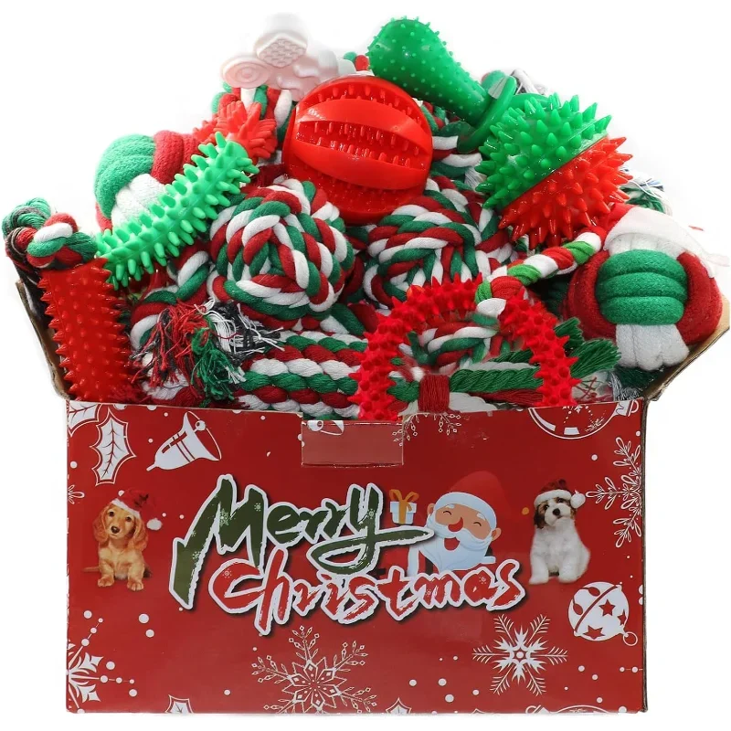 Christmas Dog Toys Bulk 15 Pack, Puppy Chew Toys for Teething Small Medium Puppies Including Variety Tough Rubber and Rope Toys