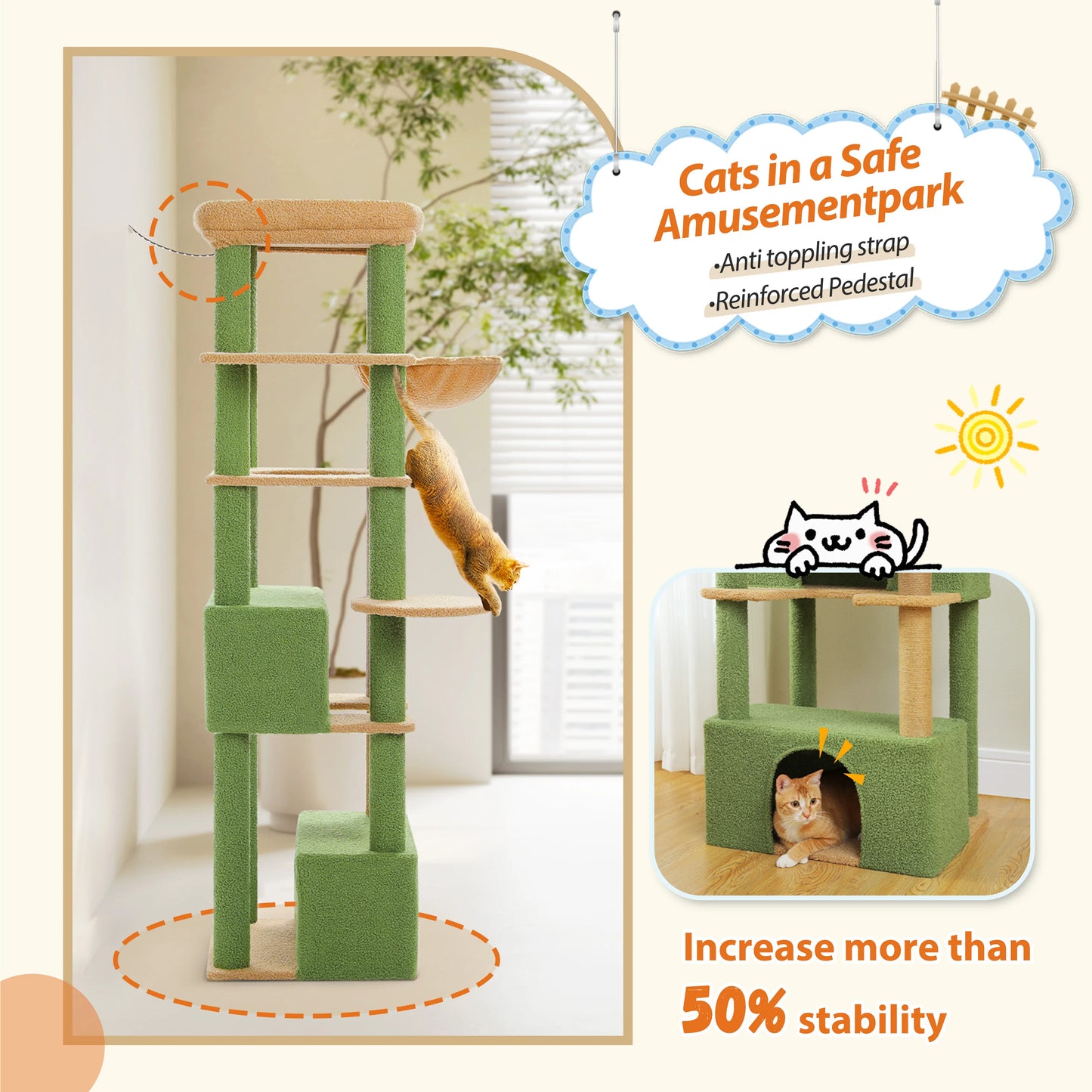 Large Cat Tree with Scratching Posts Cozy Hammock Spacious Top Perch Tall Cat Tower for Indoor Big Cats Large Cat Condo Cat Toys
