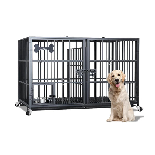 Heavy Duty Dog Crate for Large, Medium & Small Dogs, Indestructible Escape-Proof Dog Cage & Slide-Out Tray, Sturdy Metal Dog Ken