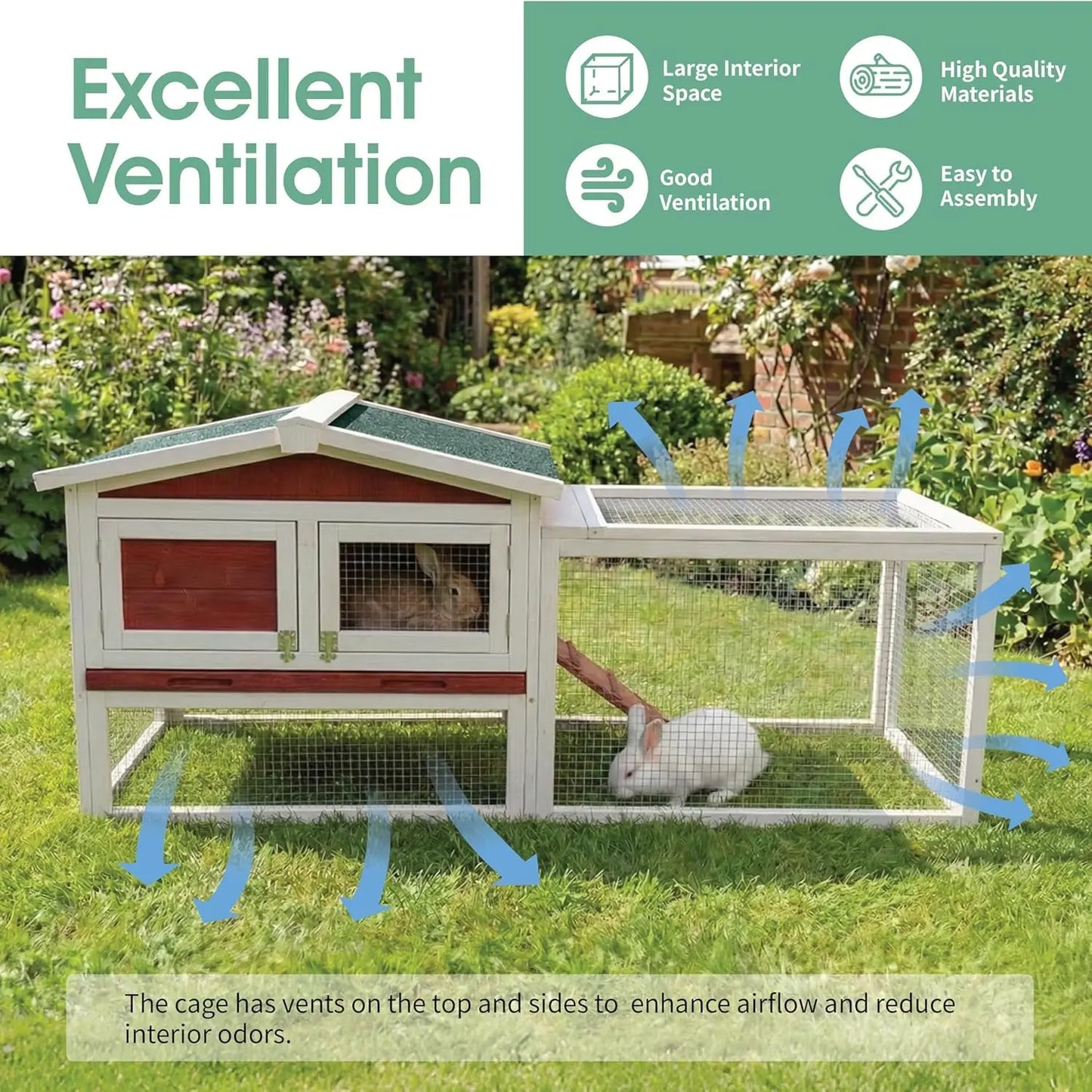 60" L Large Rabbit Hutch Outdoor 2-Tier Wooden Bunny Cage with Non-Slip Ramp, Large Playpen Pull-Out Tray for Rabbits Chickens