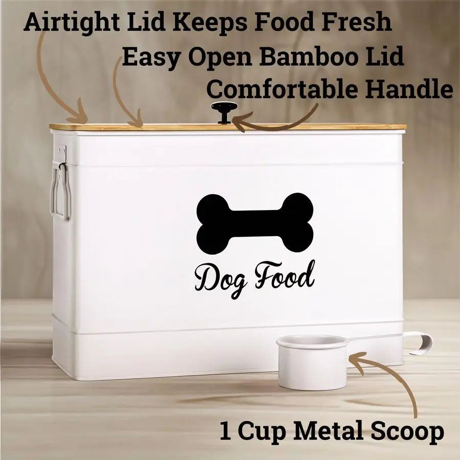 Food Container Airtight 15 lb 50 Cup Capacity with Metal Scoop Cute Airtight Dog Food Storage Container with Bamboo Lid White Me