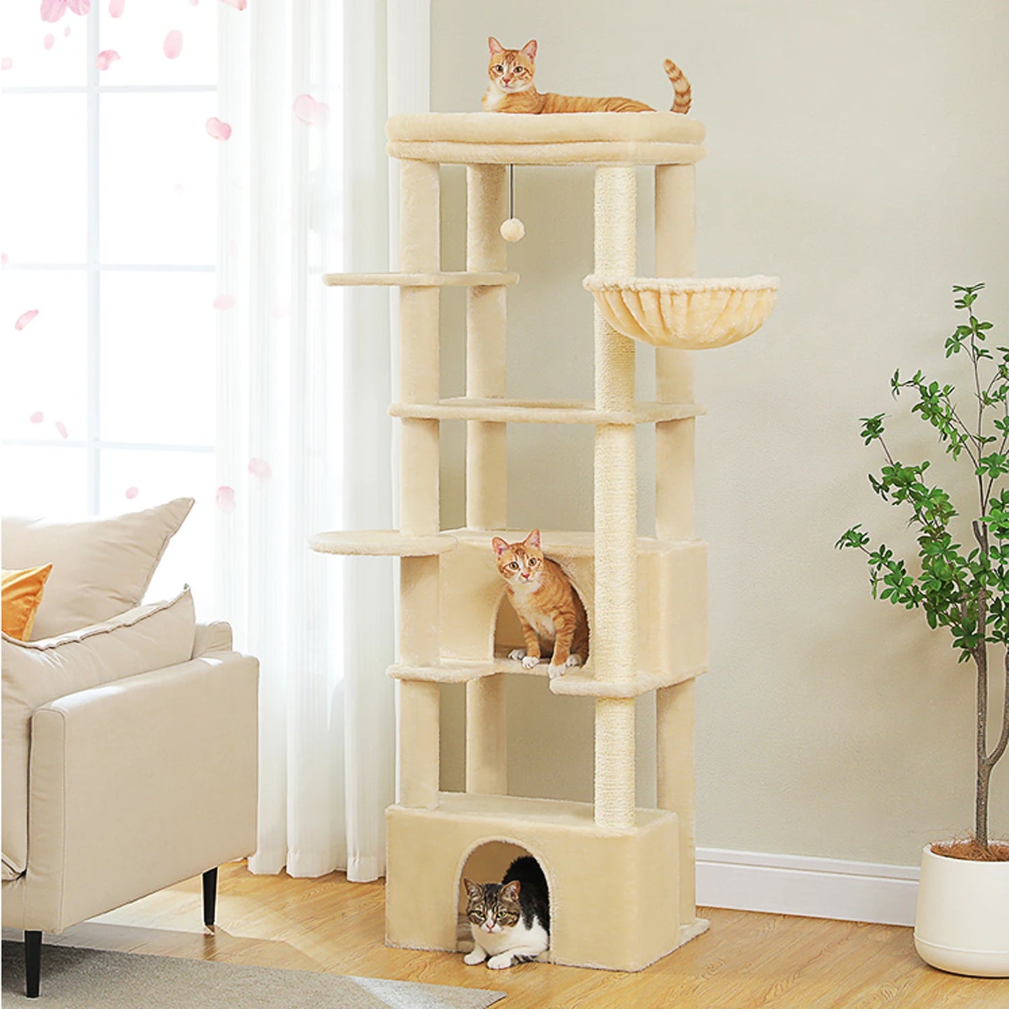 Large Cat Tree with Scratching Posts Cozy Hammock Spacious Top Perch Tall Cat Tower for Indoor Big Cats Large Cat Condo Cat Toys