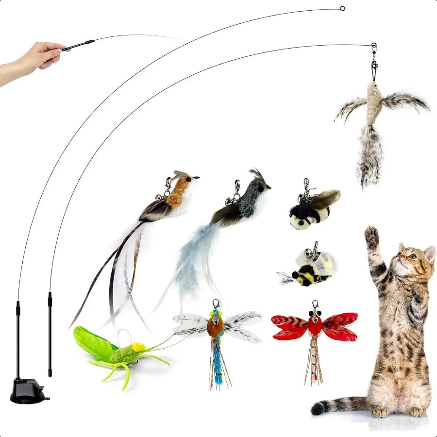 Cat Feather Toys Suction Cup2 Cat Wands 8Pcs Birds and Insects Dragoy Grasshopper Simulation Feather Refills with Bells Interac