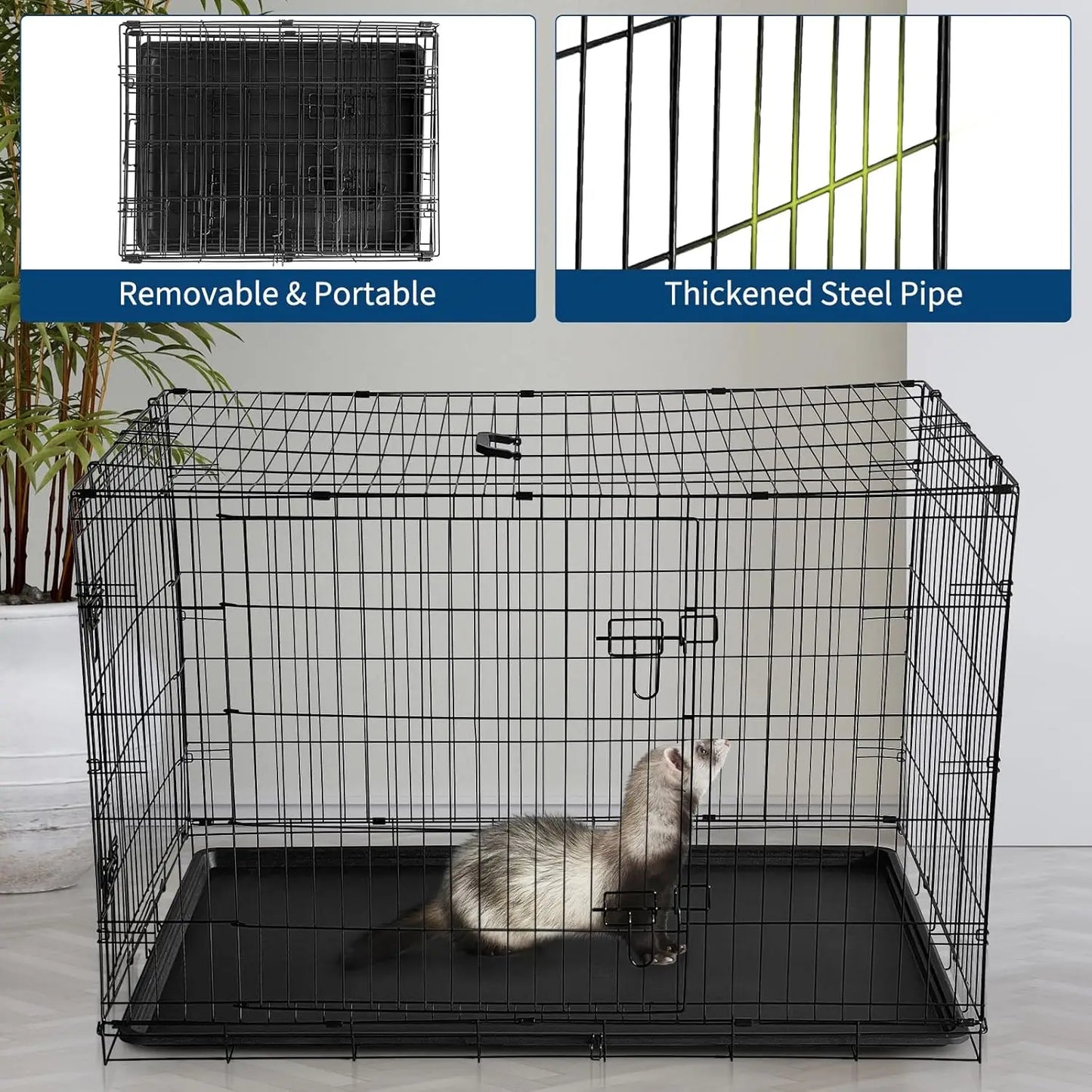 24/48 Inch Rabbit Cage Portable Folding Small Crate Rabbit Carriers with Slide Out Tray & 2 Door for Bunny Ferret Chinchilla Rat