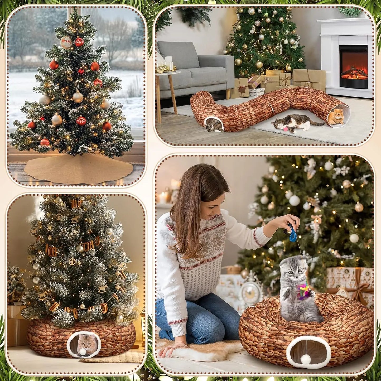 Christmas Cat Tunnel Bed 3FT x 3FT Indoor Donut Tunnel Peekaboo Cave Toy for Kitty Rabbit Ferret