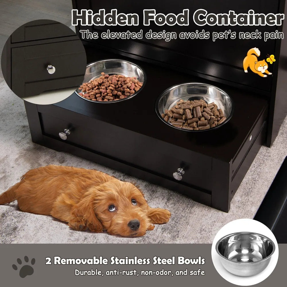Pet Feeding Station Furniture w/ Double Pull Out Dog Bowl Food Cabinet Coffee