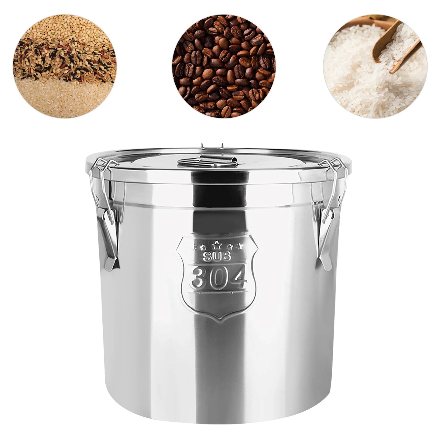 6L Stainless Steel Grain Container Kitchen Rice Grain Oil Storage Barrel w/ Handles+Lid Locking Clamp Airtight Canister, 20*20cm