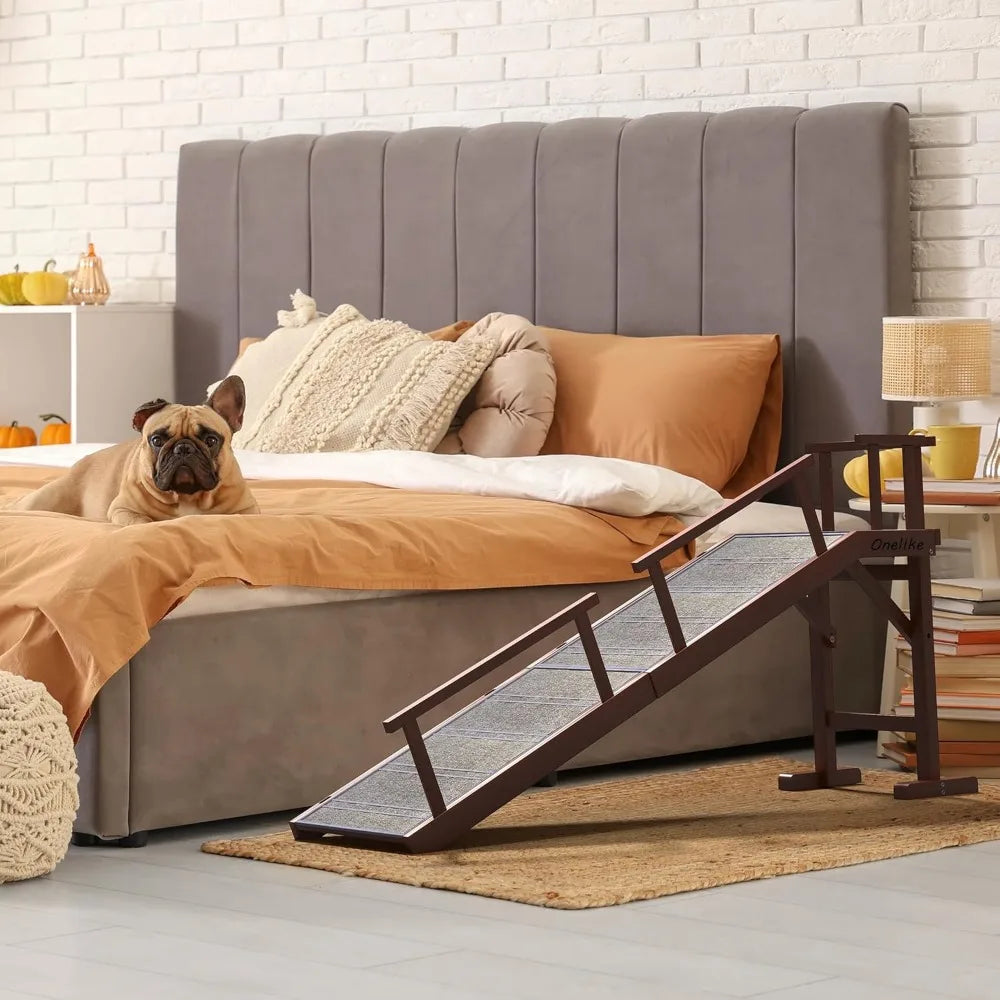 Wooden Dog Ramp for Bed with Removable Side Rail and Non-Slip Carpet, Stable Pet Ramp Stair for Couch Sofa for Small & Large & S
