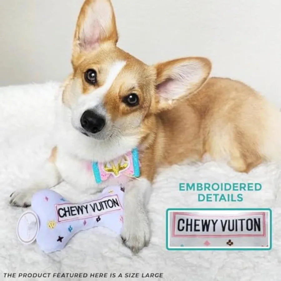 Medium Chewy Vuiton Bones Plush Dog Toys for Small Medium and Large Dogs 4-Pack Durable Stuffed Designer-Inspired Pet Toys with