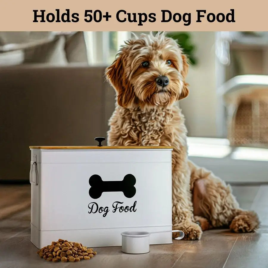 Food Container Airtight 15 lb 50 Cup Capacity with Metal Scoop Cute Airtight Dog Food Storage Container with Bamboo Lid White Me
