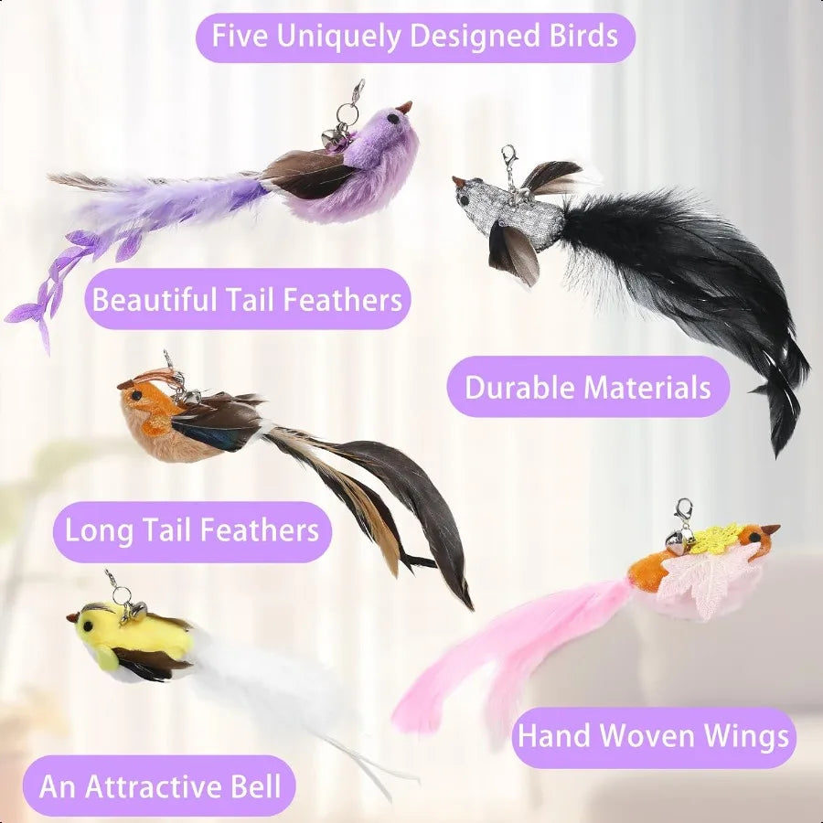 3in1 Flying Bird Cat Toys 7Pcs Wooden Cats Wand Toy Fishing Pole Cat Bird Toys ReplacementsInteractive Enhanced Suction Cup and