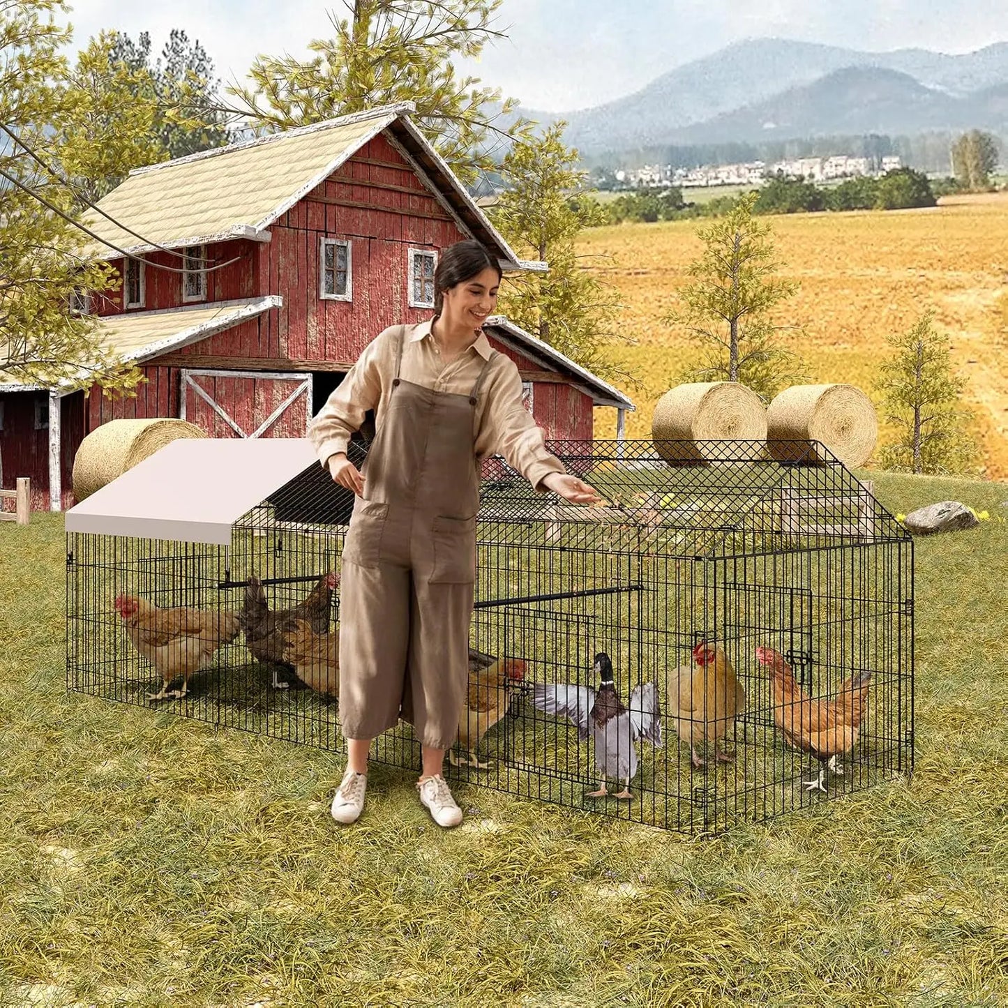Large Metal Chicken Coop Run Heavy Duty Walk in Poultry Cage with Waterproof Cover Backyard Farm Enclosure for Ducks Rabbits