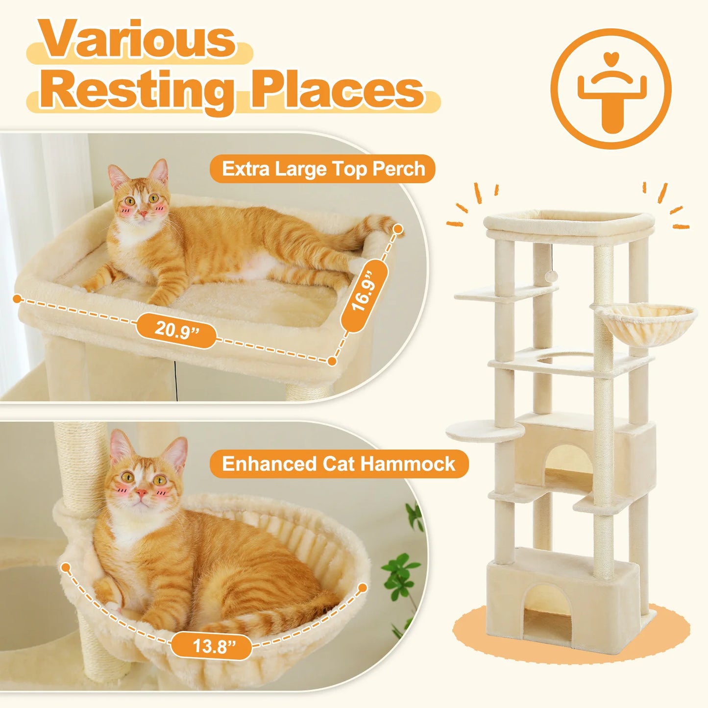 Large Cat Tree with Scratching Posts Cozy Hammock Spacious Top Perch Tall Cat Tower for Indoor Big Cats Large Cat Condo Cat Toys