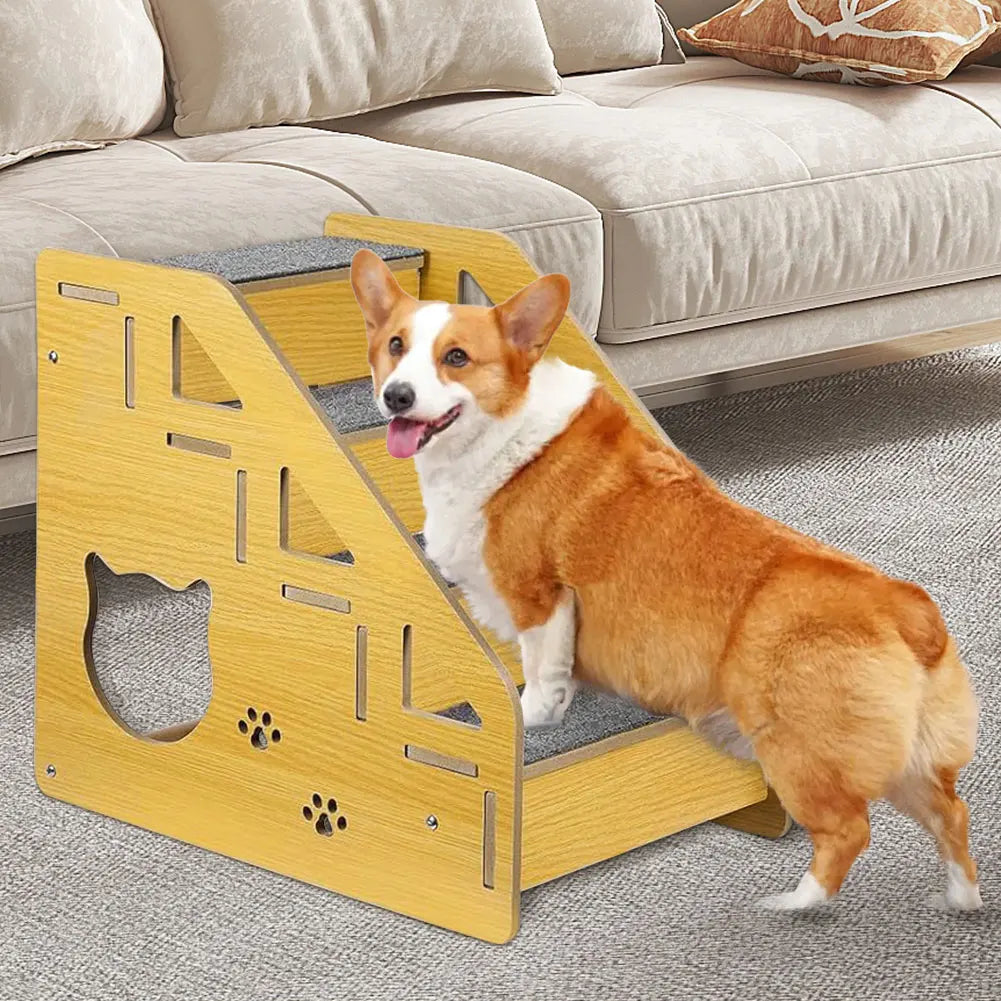 4-Step Wooden Pet Stairs Nonslip Carpeted Cat and Dog Steps Indoor Pet Steps Wooden Pet Ladder for Dogs and Cats