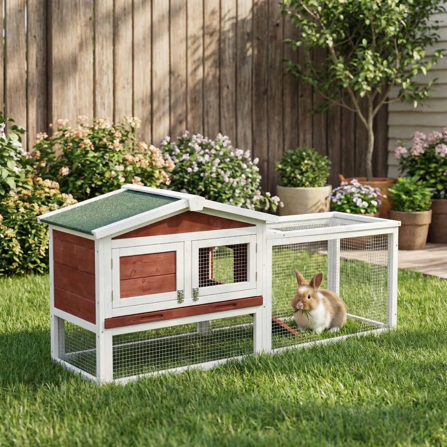 60" L Large Rabbit Hutch Outdoor 2-Tier Wooden Bunny Cage with Non-Slip Ramp, Large Playpen Pull-Out Tray for Rabbits Chickens