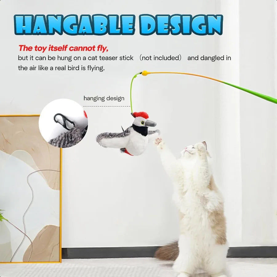 Cat Toys Flapping Wings Woodpecker No Flying Chirping Bird Interactive Catnip Toy for Kitten or Small Dogs Touch Activated Rech