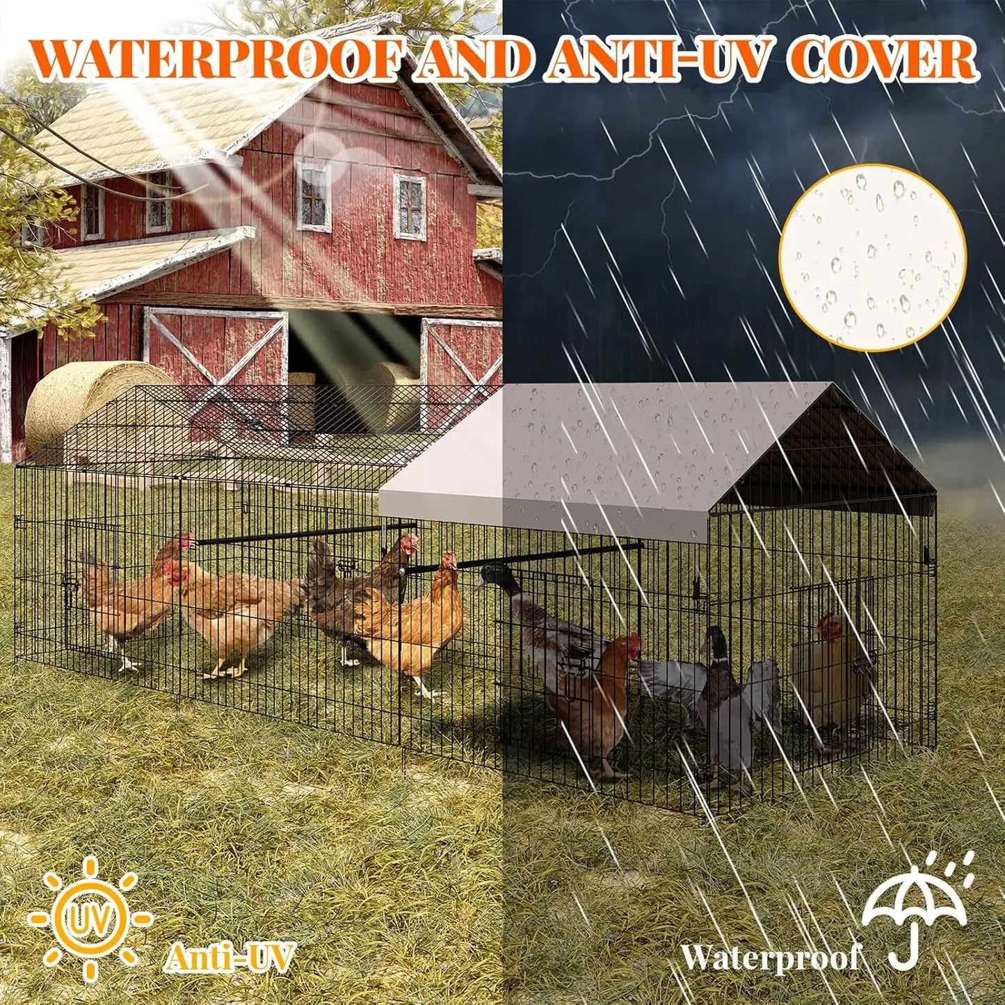 Large Metal Chicken Coop Run Heavy Duty Walk in Poultry Cage with Waterproof Cover Backyard Farm Enclosure for Ducks Rabbits