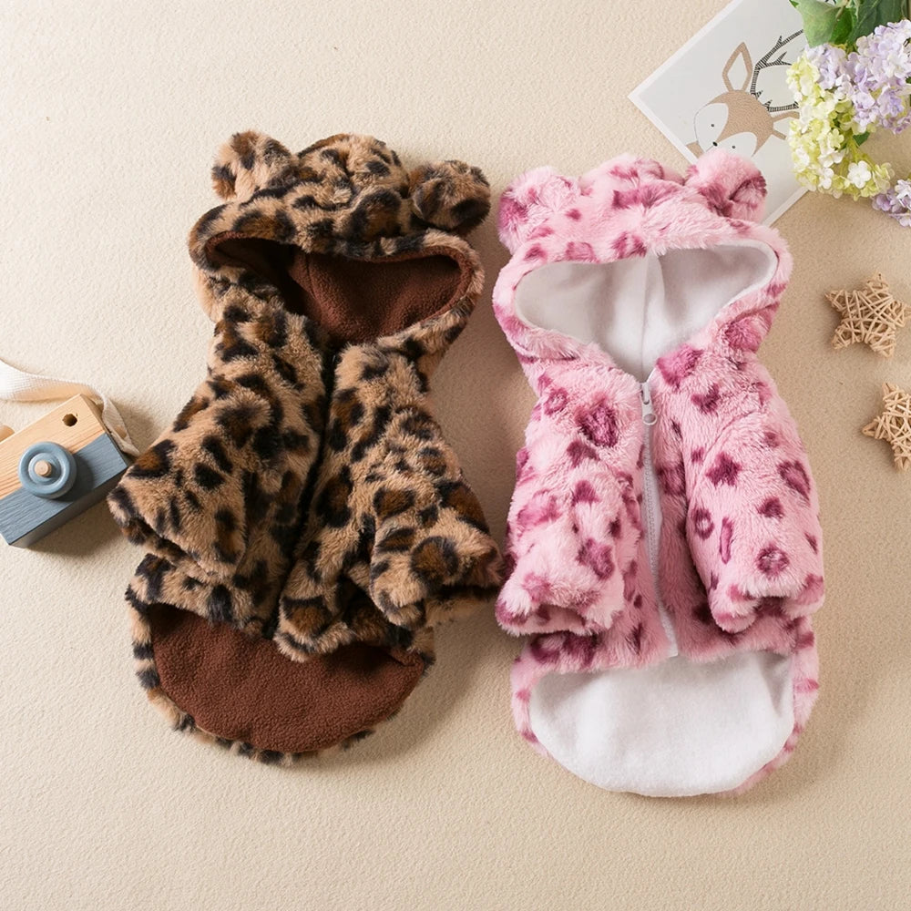 Winter Pet Dog Clothes Warm Fleece Dog Hoodie Leopard Dog Coat Jacket French Bulldog Clothing for Small Medium Dogs Pet Costumes