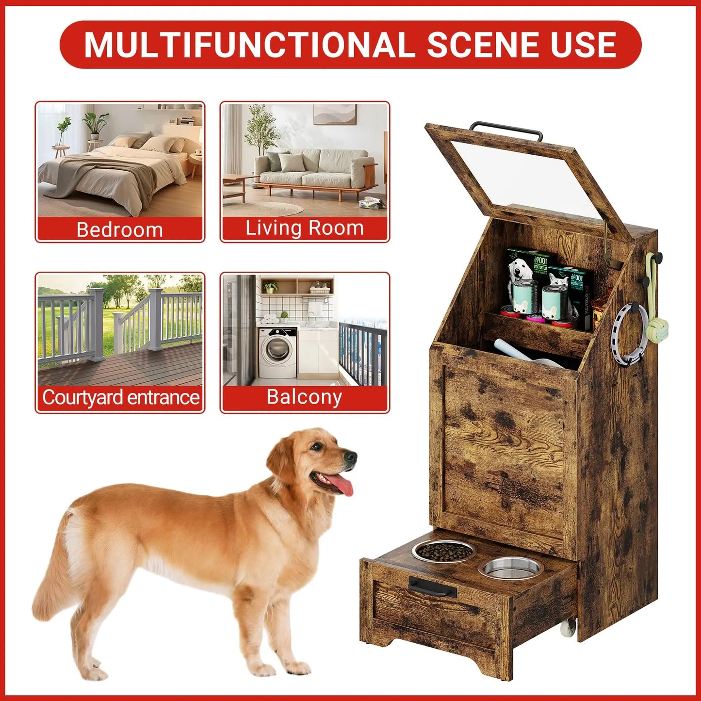 Large Dog Food Storage Cabinet with Flip Top - Pet Feeding Station & Organizer w/Transparent Lid, Side Hooks for Leashes - Multi